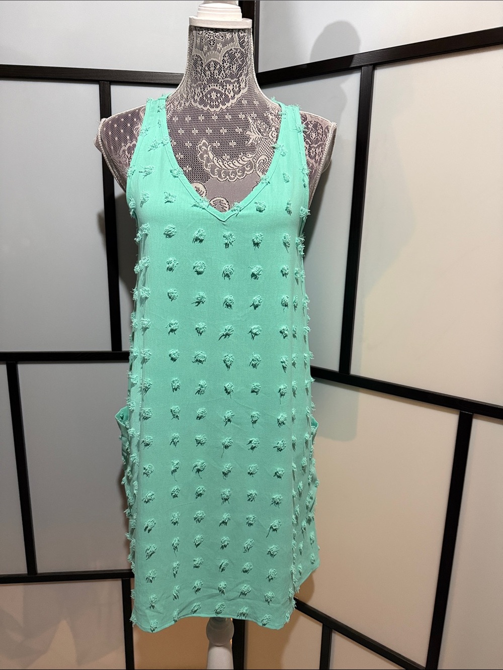 Mint Pom-Pom V-Neck Mini Dress